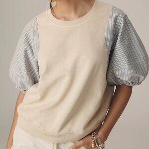 Pilcro Woven Crewneck Puff-Sleeve Top in Beige and Blue Stripe XS NWT
